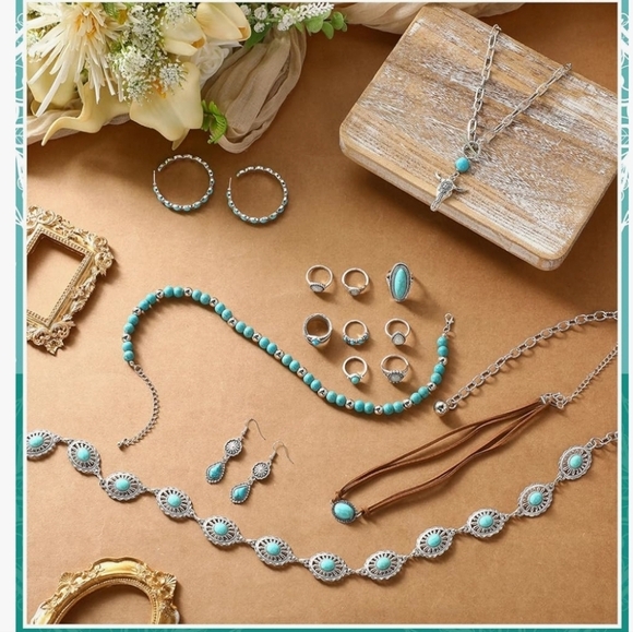 15 PCs Western Concho Belt Cowgirl Necklace, Dangle Earrings Rins Jewelry set - Picture 5 of 8